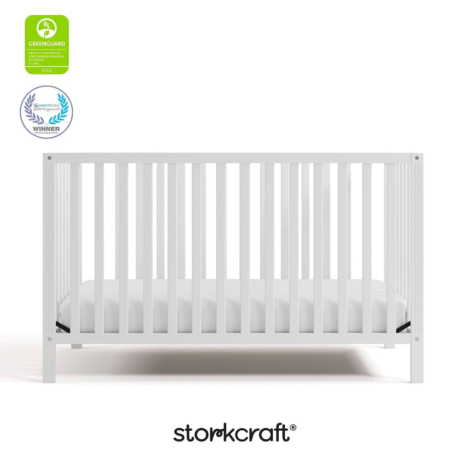 Storkcraft Morningside 5-in-1 Convertible Crib – GREENGUARD Gold Certified, Fits Standard Crib Mattress, Converts to Toddler Bed, Daybed and Full Bed, 4 Adjustable Mattress Heights (White)