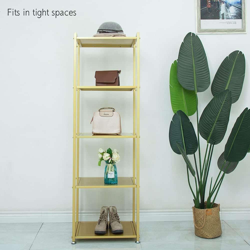 ZIOTHUM Gold Shelf, Gold Bookcase, 5-Tier Bookshelf Shoe Purse Handbag Rack Shelving Unit Etagere Tall Narrow Metal Corner Shelf Boutique Display Storage Retail Commercial Stand(19.7x15.7x63)