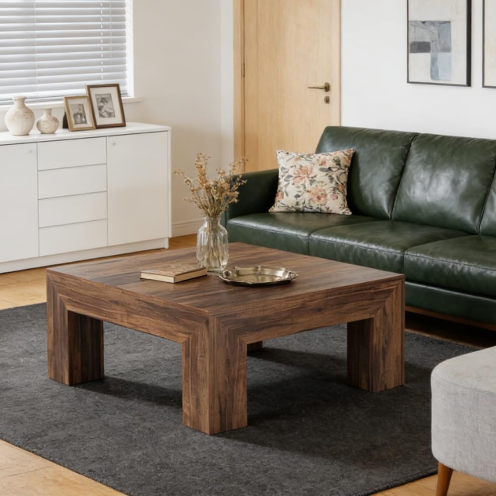 SSLine Wooden Coffee Table 39.4-Inch Square Coffee Table for Living Room,Farmhouse MDF Wood Cocktail Center Tables with Thicken Top and Sturdy Legs,Rustic Walnut