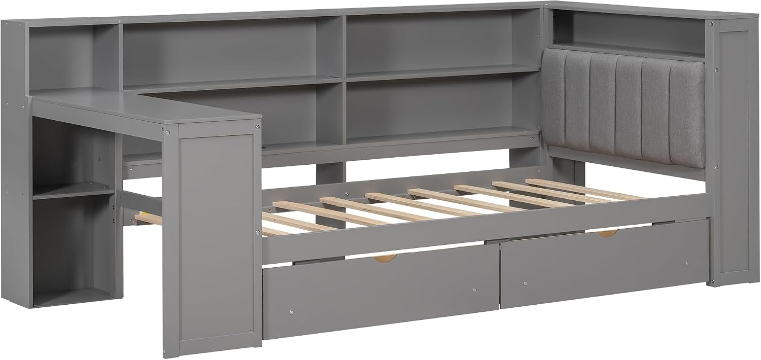 LUMISOL Twin Size Daybed with Storage Drawers and Upholstered Headboard, Wood L Shaped Corner Bed Frame with Desk, Drawers, LED Light & USB Ports for Living Room, Space-Saving, Gray