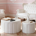 Round Nesting Coffee Table Modern White Fluted Coffee Table Set of 2 Stripe Round Coffee Tables Drum Crescent Side Table Accent End Table for Living Room (White D Large)