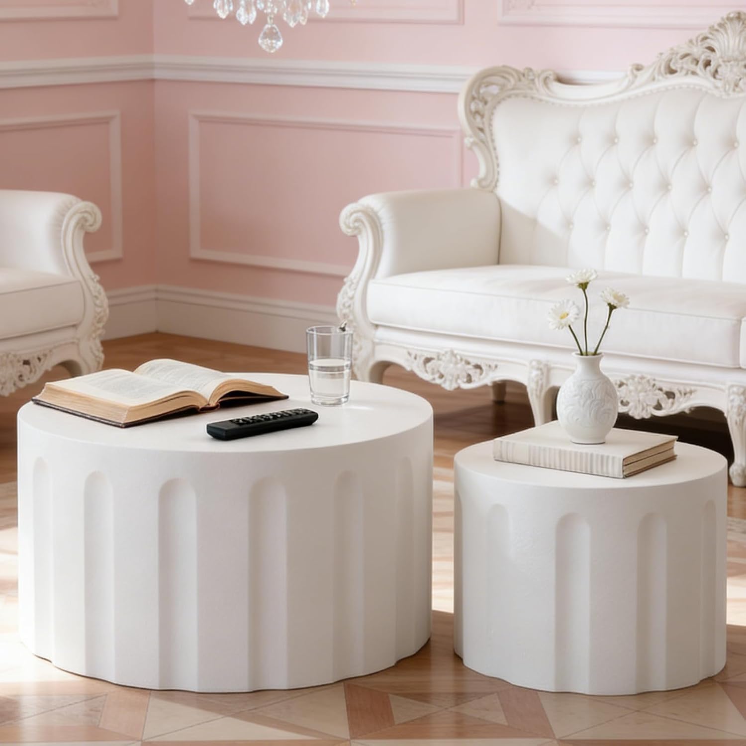 Round Nesting Coffee Table Modern White Fluted Coffee Table Set of 2 Stripe Round Coffee Tables Drum Crescent Side Table Accent End Table for Living Room (White D Large)