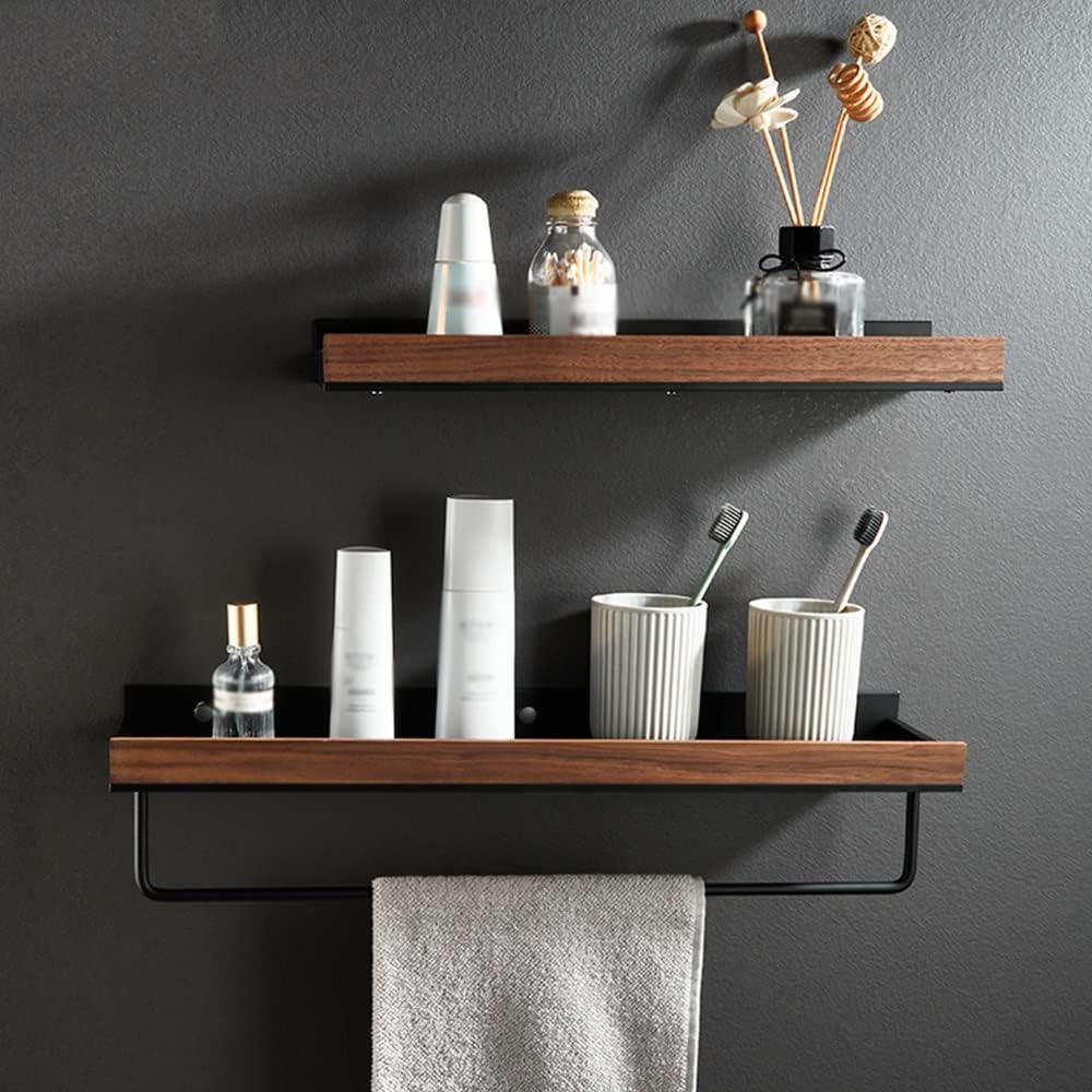 Shower Caddy Solid Wood Shower Caddy Shelf Organizer Towel Bar, Bathroom Wall Mounted Cosmetic Storage Rack Bathroom Organizer，Black 50cm with Rod