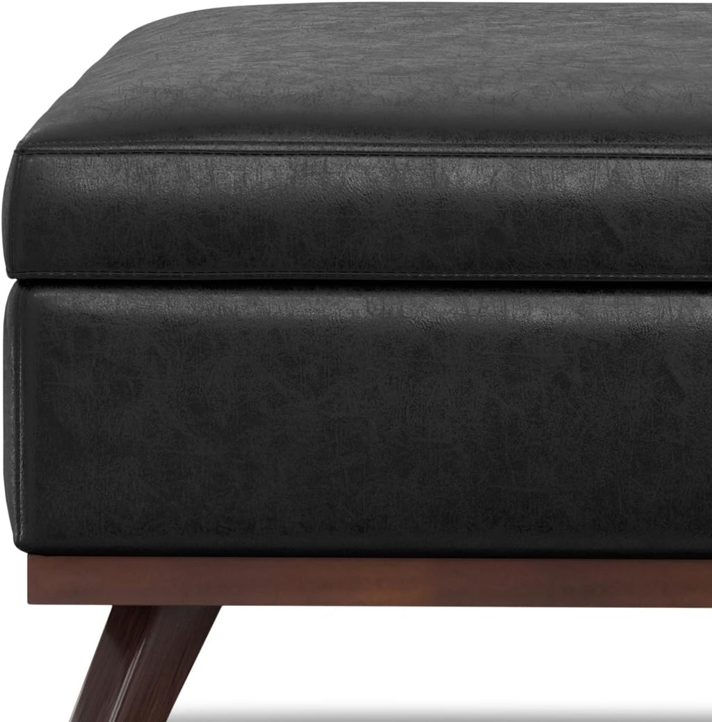 SIMPLIHOME Owen XL Square Coffee Table Storage Ottoman - 40 inch Wide Upholstered Vegan Leather Lift-Top Ottoman in Distressed Black, Mid-Century Modern Ottoman for Living Room with Ample Storage