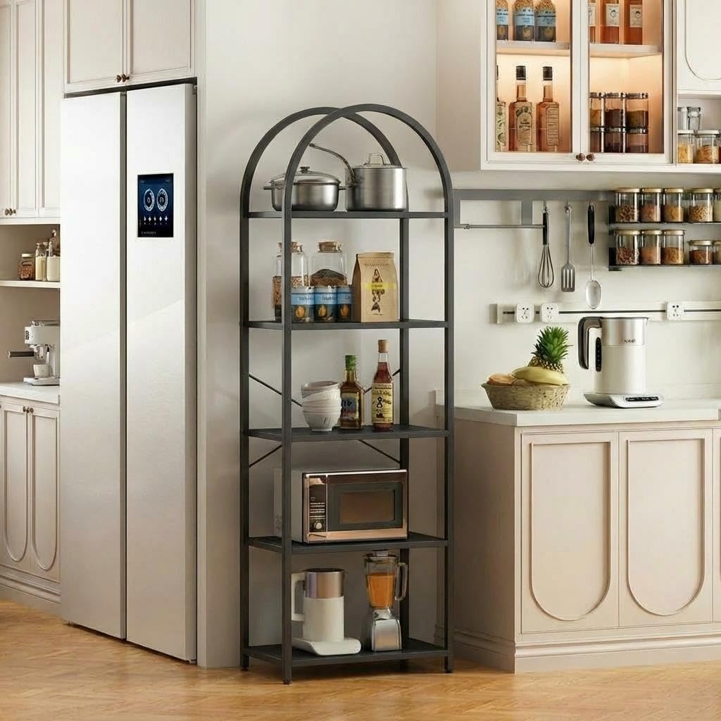 Takywep Bookshelf, Arched Bookcase with Metal Frame 5 Tiers Bookshelf Industrial Arched Cabinet Display Shelf Floorstanding Storage Shelving Unit for Bedroom, Living Room and Home Office, Black