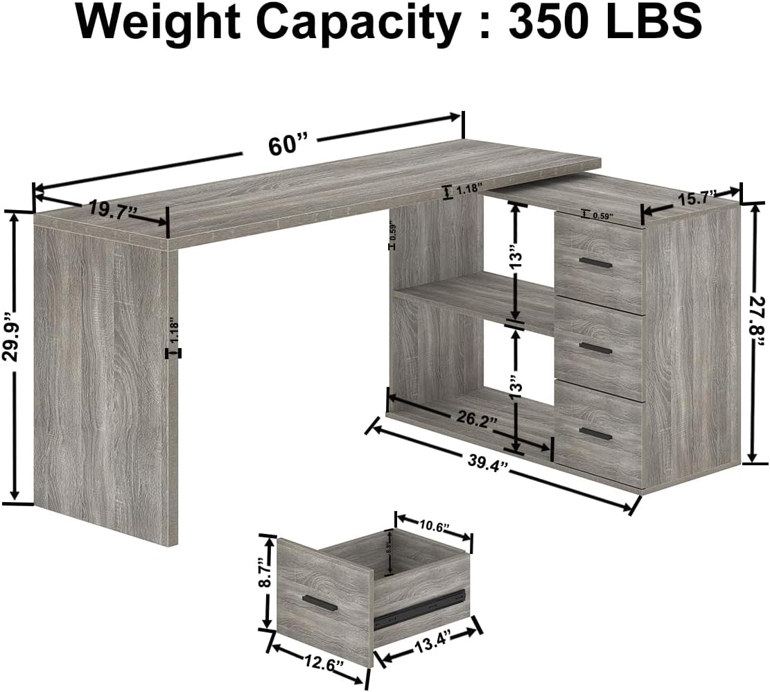 HSH L Shaped Office Desk with Drawers, Reversible Corner Wood Computer Desk Gray, Large L Shaped Desk with Storage Cabinet Shelves for Executive Writing Study, Modern Bedroom Table Grey Oak, 60 Inch