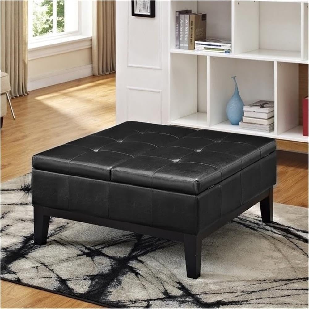 Pemberly Row Contemporary Faux Leather Storage Ottoman with Lift Top, Square Coffee Table for Living Room with Large Storage Space, Black Button Tufted Upholstered Footrest with Wood Legs