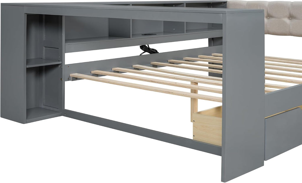 Bellemave Full Size Corner Bed Frame with Storage Drawers and Desk,Captain Daybed with L-Shaped Bookcase,Corner Bed Frame Full Size with Charging Station for Kids,Teens,Guests,Gray