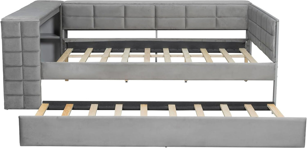 Virubi Full Size Daybed with Trundle，Corner Bed Frame with Storage Shelves, Back Cushion，Upholstered Wood Bed Frame with Charging Station for Small Space,Teen Room,Dorm and Home Office,Gray