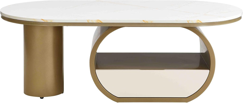 Luxury Gold Oval Coffee Table, 47'' Modern Living Room Table with Storage Drawer, Faux Marble Top MDF, Sturdy Metal Base, Large Center Tables for Home Apartment, White