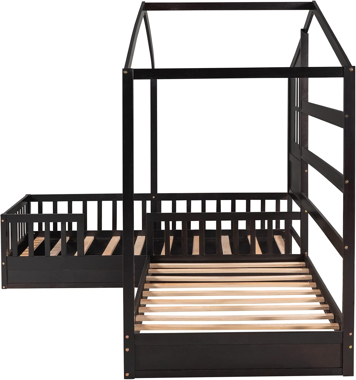 CITYLIGHT Wood L Shaped House Bed Frame, Twin Size Montessori Corner Bed with Roof, Window & Fence, Modern House Shaped Bed for 2 Kids, Espresso