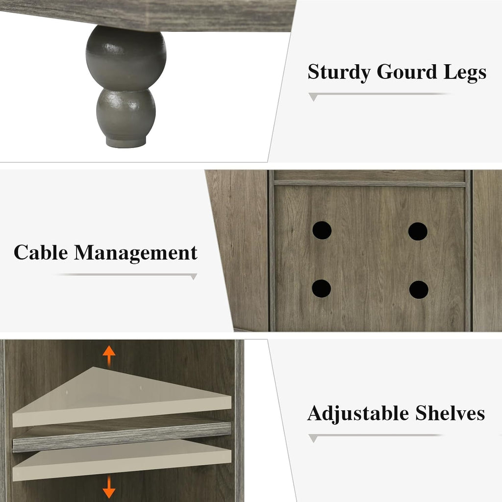 4 EVER WINNER Corner TV Stand for 50 Inch TV, 45' Farmhouse Corner Entertainment Center with Led Light, Open Storage, Adjustable Shelves, TV Cabinets for Living Room, Bedroom, Grey