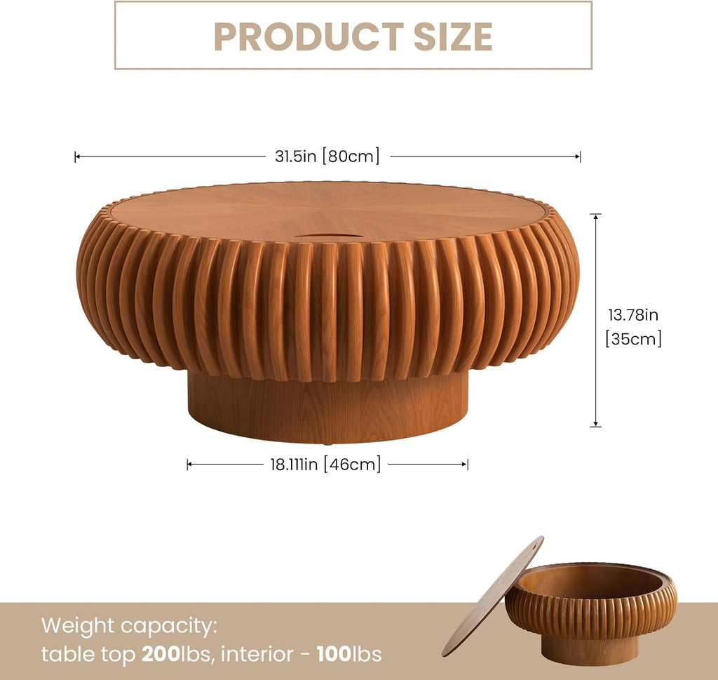 31.49'' Round Fluted Coffee Table with Storage, Modern Wooden Drum Coffee Table, Circle Center Table Accent Tea Table with Sturdy Pedestal for Living Room Apartment Small Space (31.49' Storage Brown)