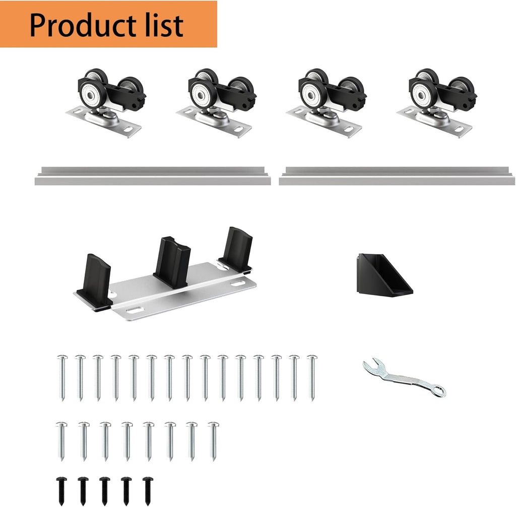 Heavy Duty Bypass Sliding Closet Door Track Hardware 96', 8 FT Aluminium Pocket Track Rail Set, Smoothly and Quietly, for 2 Door System,Silver