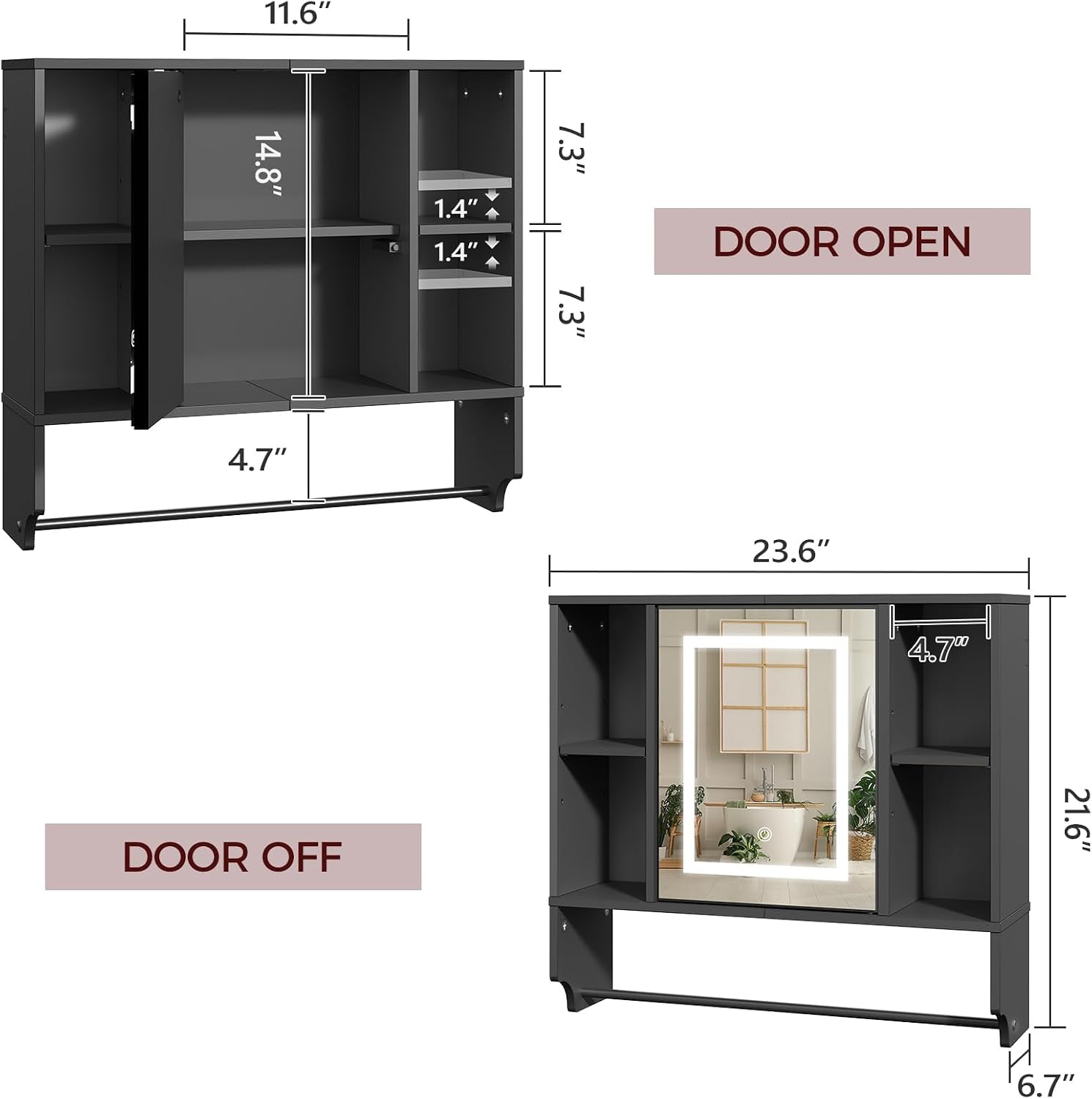 MAHANCRIS Bathroom Wall Cabinet with Mirror and Farmhouse Medicine Cabinets with Sliding Door Bundle, Wall Mounted Storage Cabinet with Adjustable Shelf and Towel Bar for Bathroom Black, WC2201-WC3601