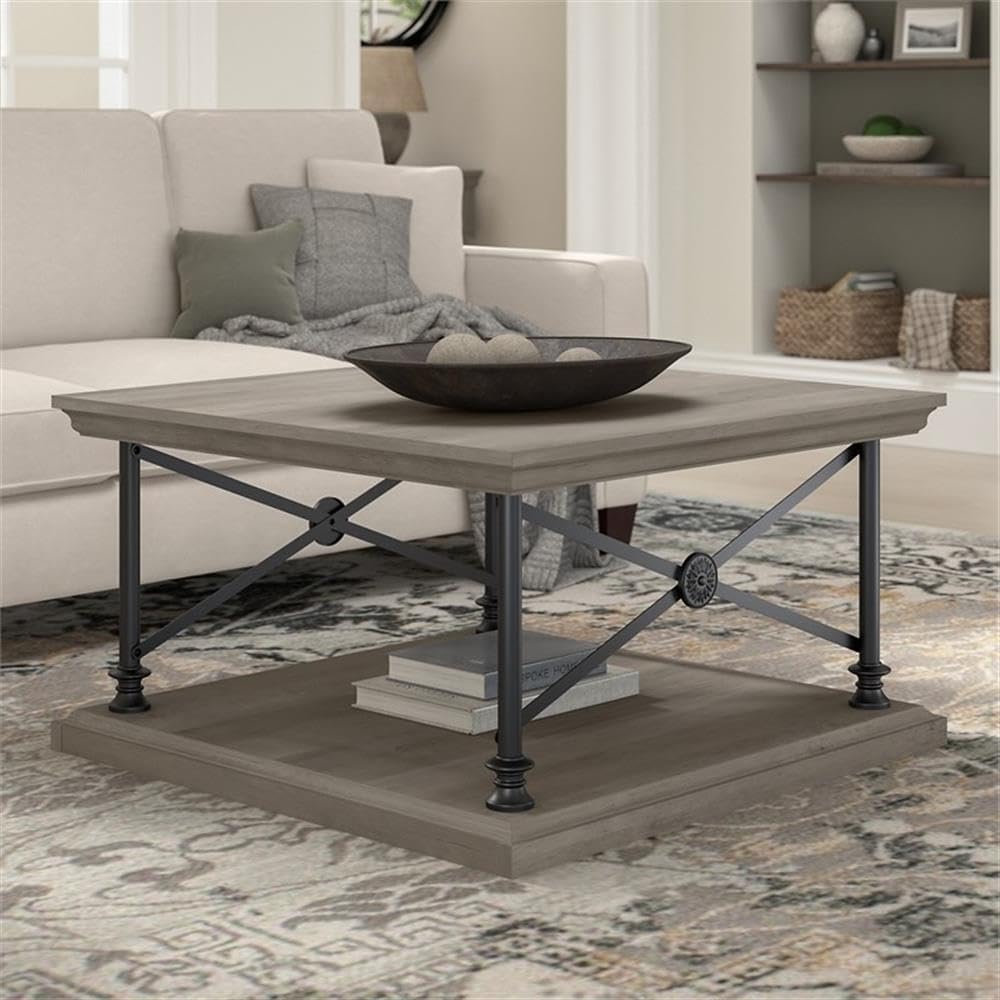 BOWERY HILL Square Coffee Table, Driftwood Gray Finish, Engineered Wood Construction, Sturdy 50 lb Capacity, Bottom Shelf for Storage, Industrial Farmhouse Style Living Room Table