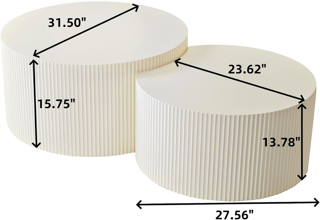 Nesting Coffee Table Set of 2, Modern Drum Side Table End Table, Wave Stripe Round Coffee Table for Living Room, Bedroom, Beige-02