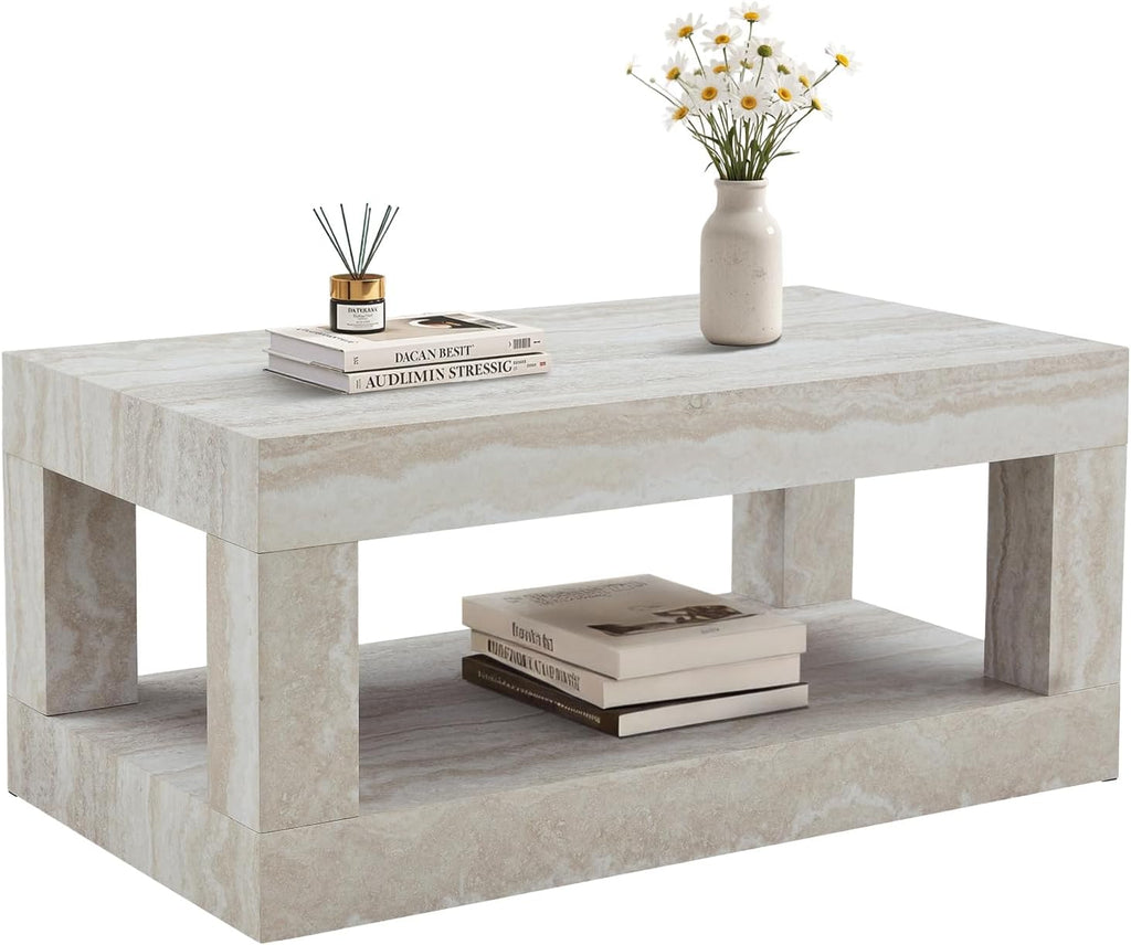 LKTART 39.37' Faux Travertine Stone Coffee Table with Storage, 2-Tier Mid Century Rectangular Accent Table with Thick Tabletop, Rustic Style Cocktail, Center Table for Living Room, Office(Beige)