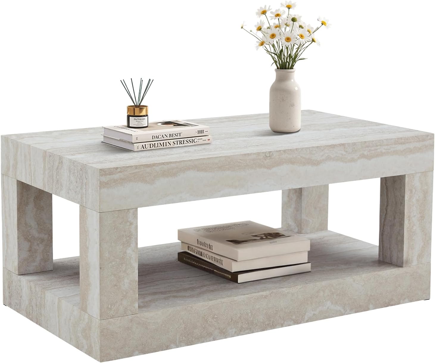 LKTART 39.37' Faux Travertine Stone Coffee Table with Storage, 2-Tier Mid Century Rectangular Accent Table with Thick Tabletop, Rustic Style Cocktail, Center Table for Living Room, Office(Beige)