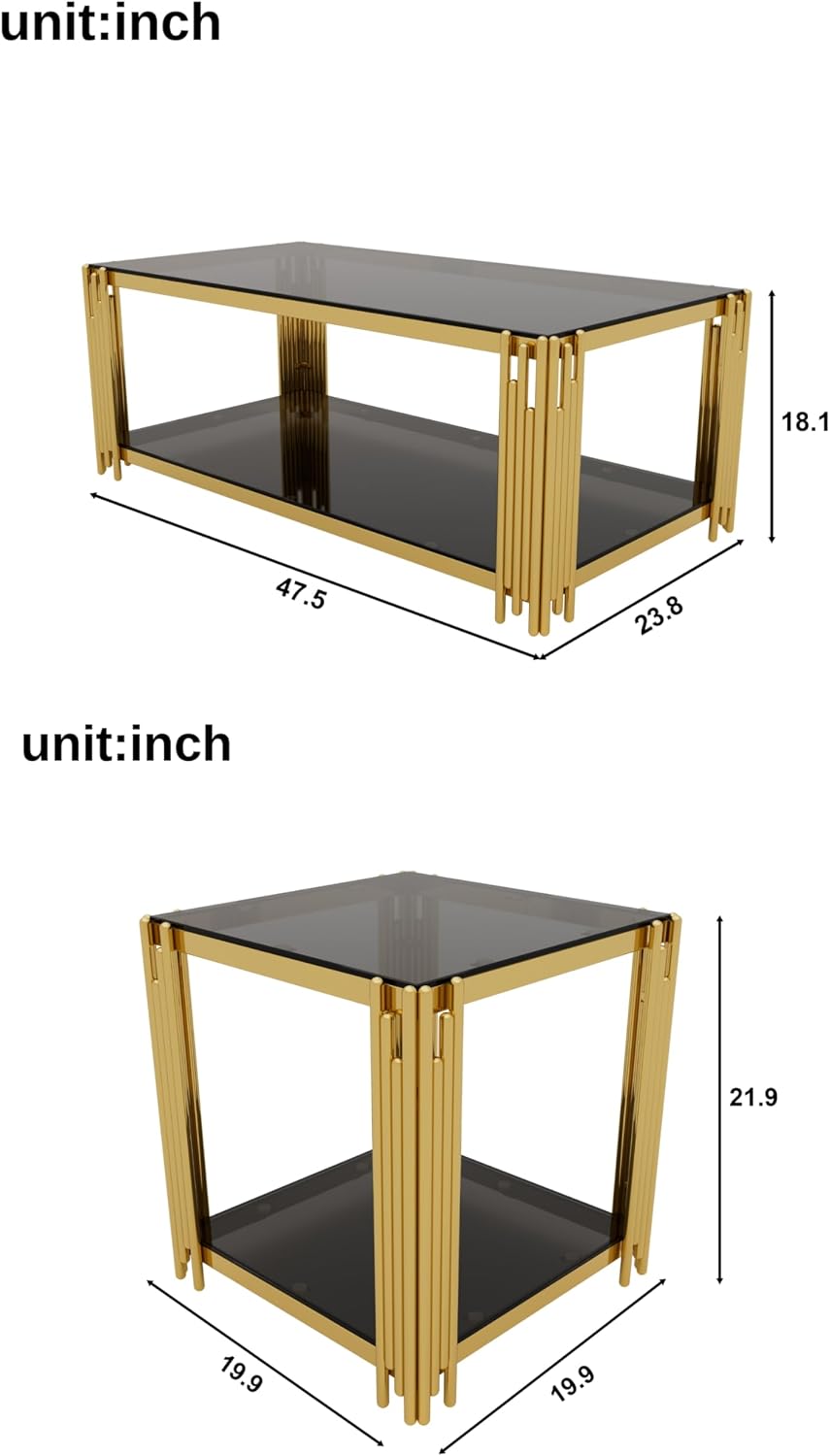 Merax Table Set of 3, with 1 Rectangle Coffee Table & 2 Square End Tables, Black Mirror, Asymmetrical Metal, Gold Finish & Lower Shelf, for Living Room Apartment, Black