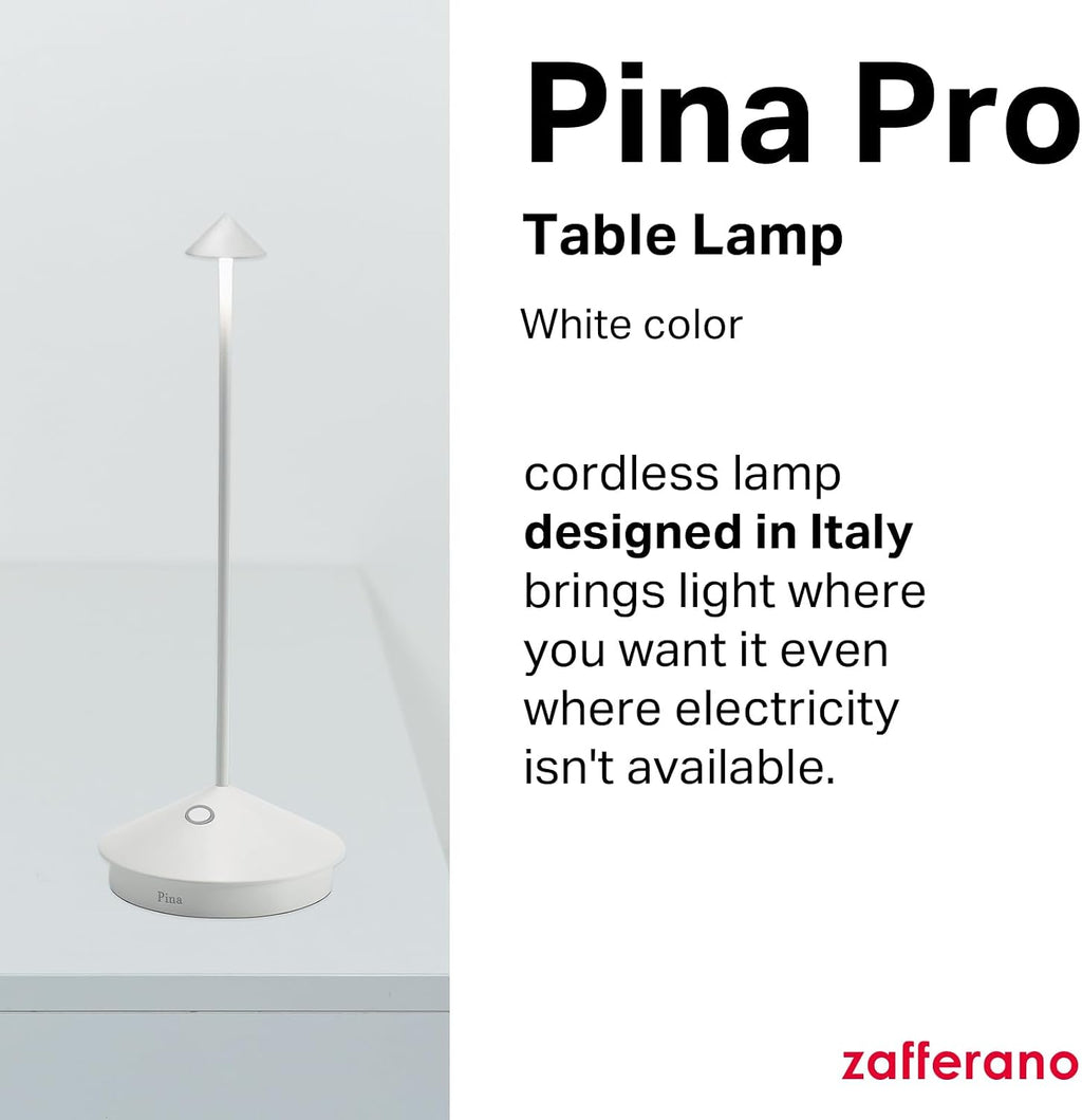 Zafferano, Pina Pro Lamp, Rechargeable Cordless Table Lamp with Touch Controls, Suitable for Indoor and Outdoor, Dimmer, 2200-3000 K, Height 11.4 Inches, White Color