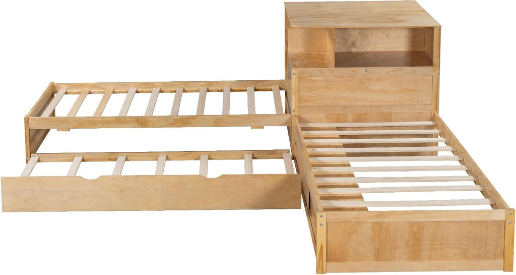 RuiSiSi Twin L-Shaped Bed with Trundle, LED Light & Storage Cabinets, Corner Bed with Frame Desk and Shelves for 3 Kids, Wood L-Shaped Platform Bed with Bookcase, Natural