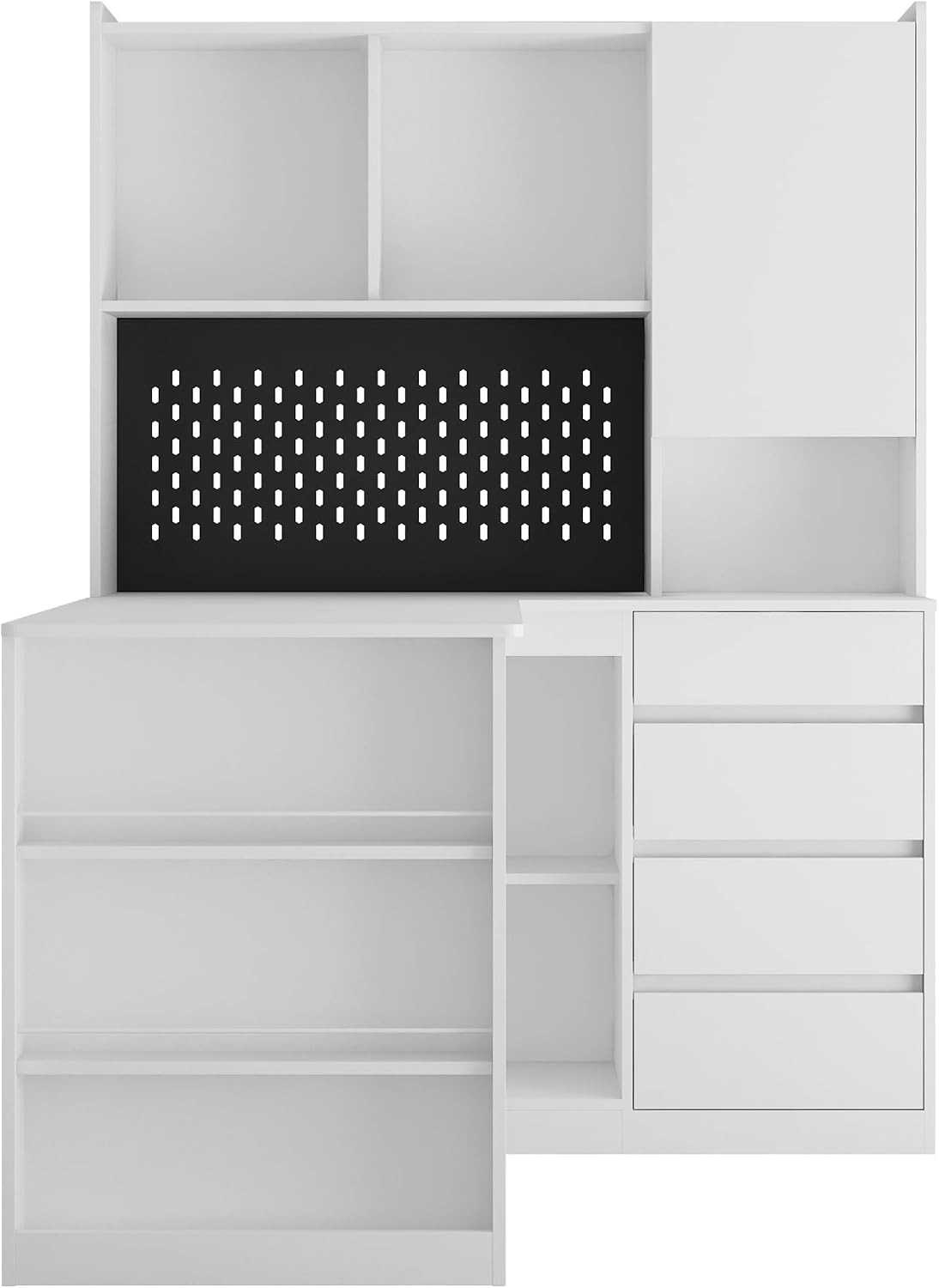 White L-Shaped Home Office Desk with Hutch & Drawers, Modern Corner Desk with LED Light & Bookshelf, Wood Study Writing Table Gaming Computer Desk for Bedroom, Home