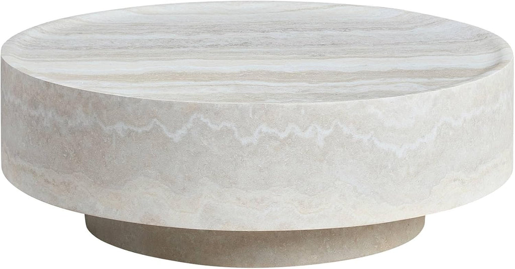 Round Coffee Tables for Living Room, Faux Mars Pattern Pedestal CoffeeTables Mid Century Modern Minimalist Side Tables Travertine Stone Pattern Accent End Table for Apartment, Office Fibgerglass Beige