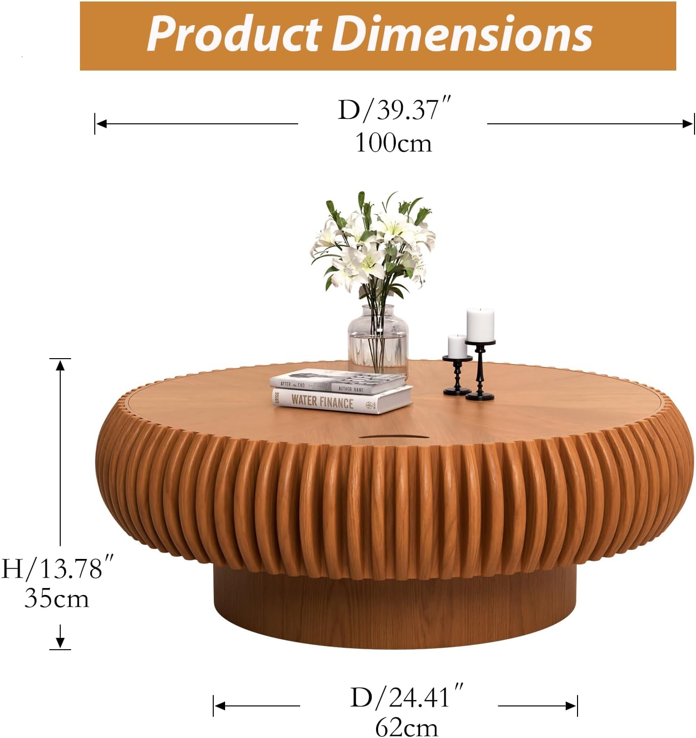 Drum Coffee Table with Hidden Storage, Modern Round Coffee Table for Living Room Circle Center Table with Solid Wood Fluted Veneered, Accent Tea Table for Small Space Apartment (Brown 39.37 inch)