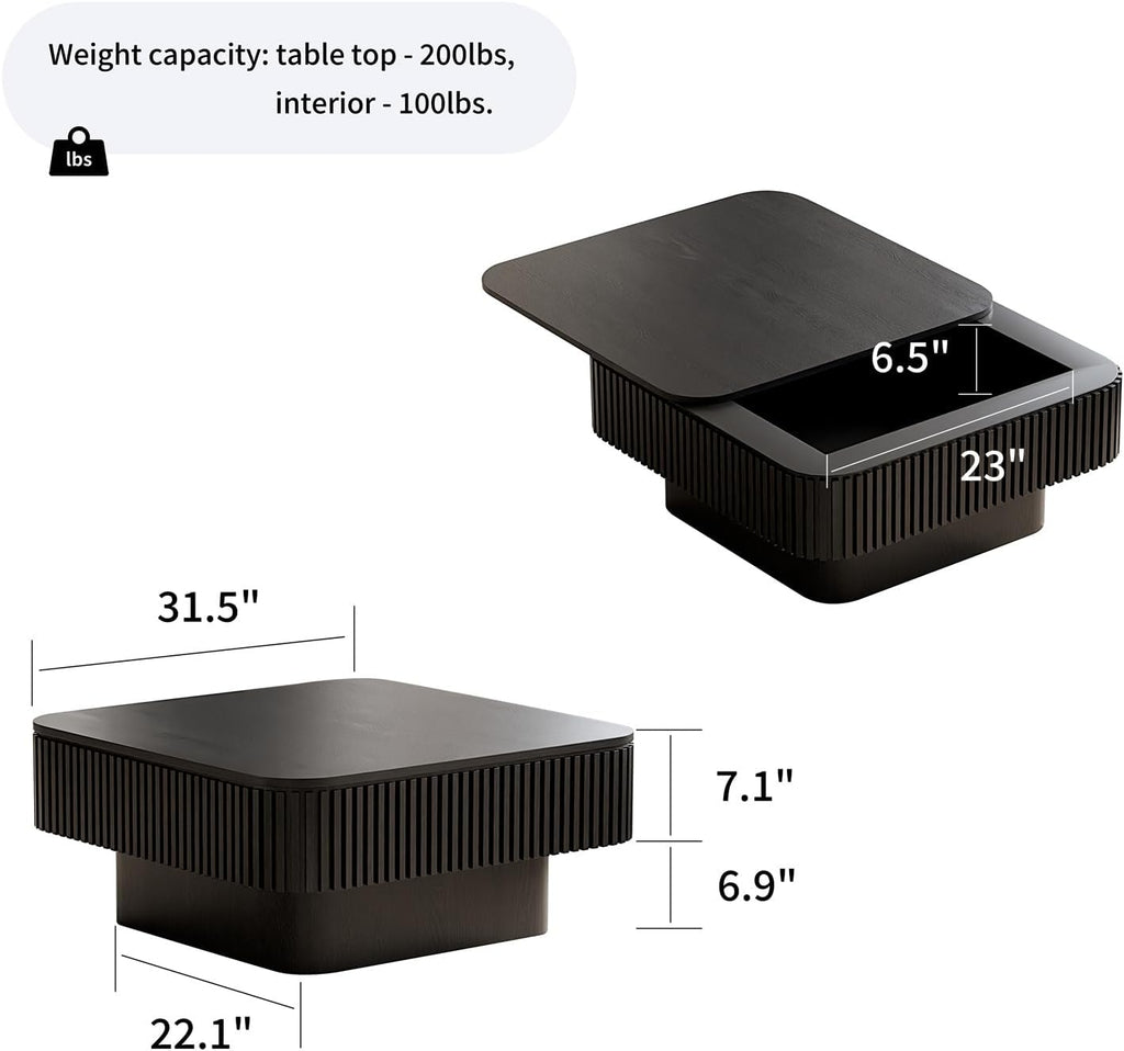 Square Coffee Table for Living Room,Fluted Drum Accent Tea Center Table with Storage,Solid Wood Modern Coffee Tables for Small Space Office Apartment (31.5' L×31.5''W×14''H-Black)