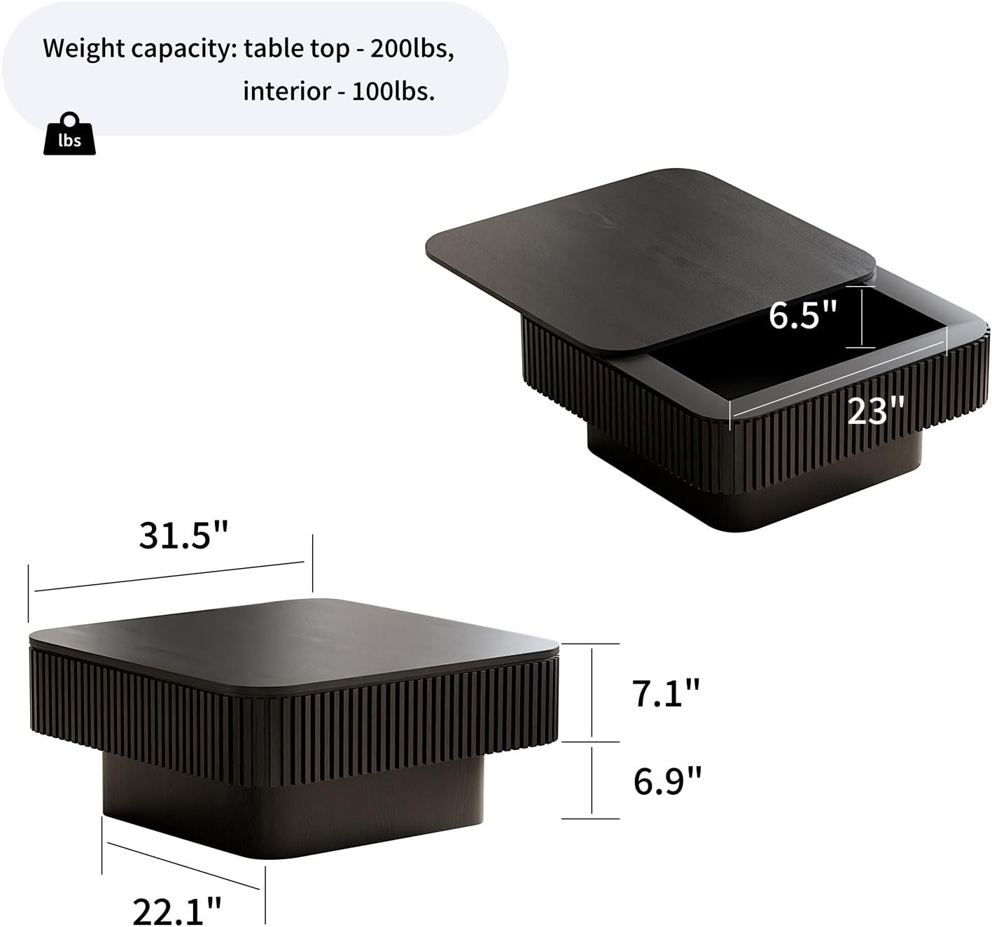 Square Coffee Table for Living Room,Fluted Drum Accent Tea Center Table with Storage,Solid Wood Modern Coffee Tables for Small Space Office Apartment (31.5' L×31.5''W×14''H-Black)