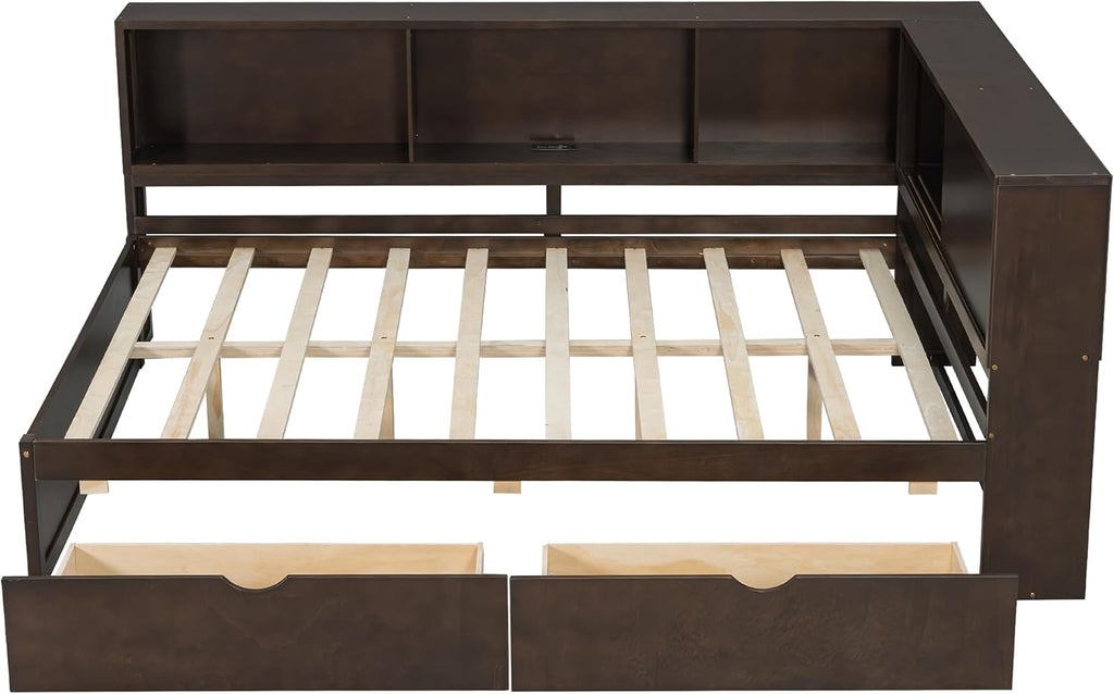 RuiSiSi Queen Size Daybed with L-Shape Bookshelf, Wood Corner Storage Bed Frame with Drawers and LED, Brown