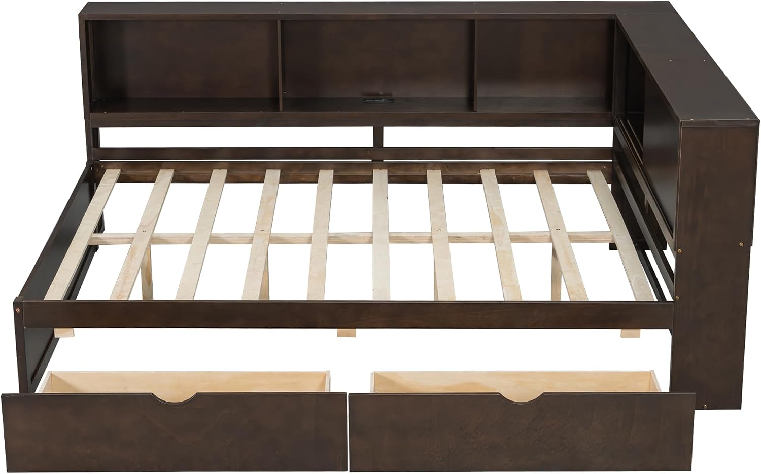 MERITLINE Queen Size Corner Bed with 2 Storage Drawers and Shelves, Wooden Daybed Frame with LED Lights and USB Ports, Modern Teenagers Bedframe, Brown