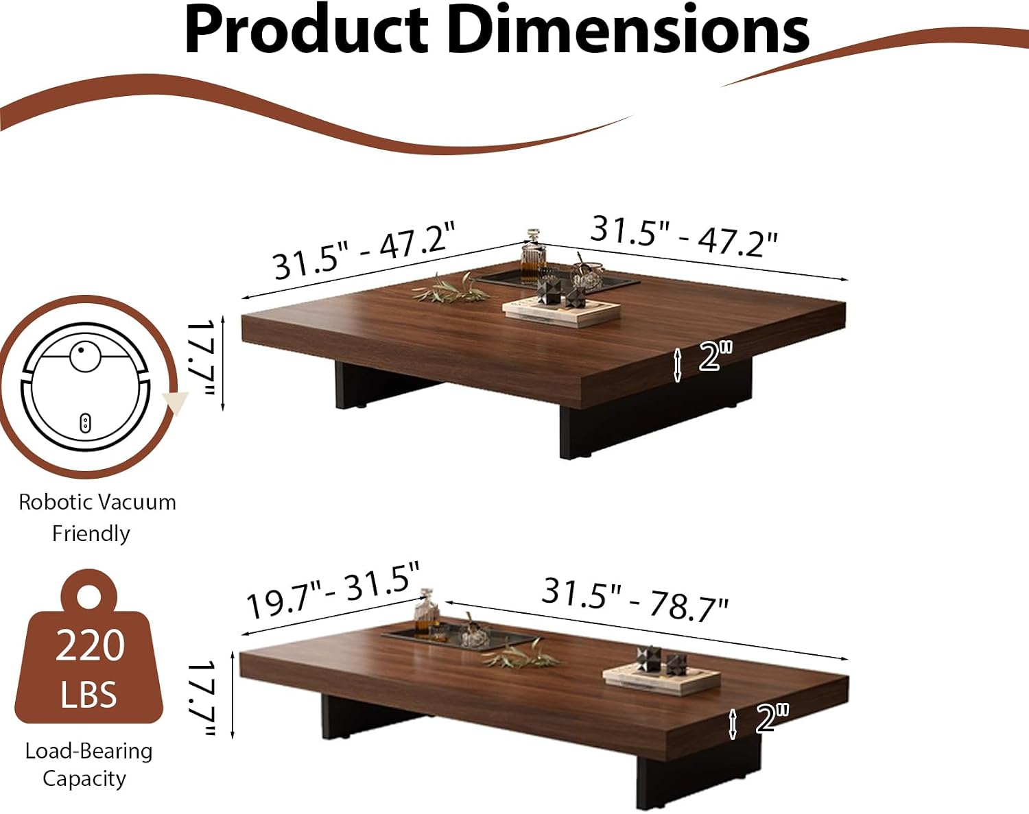 Coffee Table, Solid Wood Farmhouse Coffee Tables with Adjustable Foot Pads, Modern Large Square Center Tables for Living Room Black 31.5'x19.7'x 17.7'