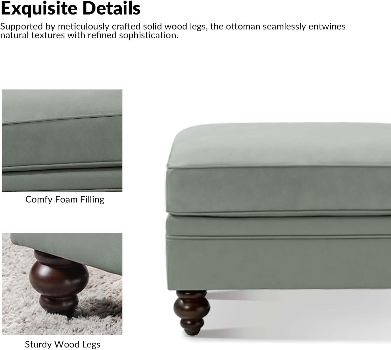 HULALA HOME Genuine Leather Ottoman Coffee Table, Ottoman Foot Rest for Living Room & Lounge, Sage