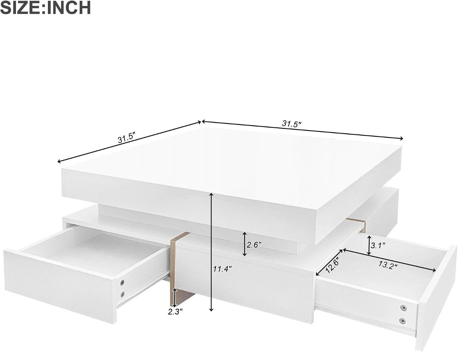 Modern Coffee Table with Storage, Contemporary Square Coffee Table with Drawers, High Gloss Modern Center Table for Living Room, Reception Room, Office, White, 31' D X 31' W X 11' H