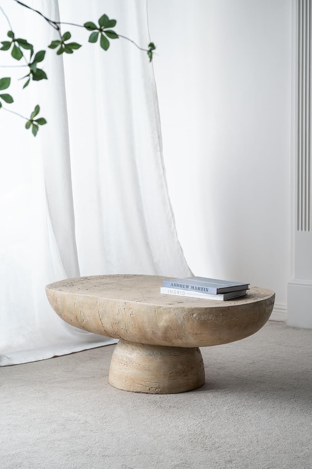 Oval Coffee Table, 36'*24'*15'Cream Cement Modern Center Table Side Accent End for Living Room