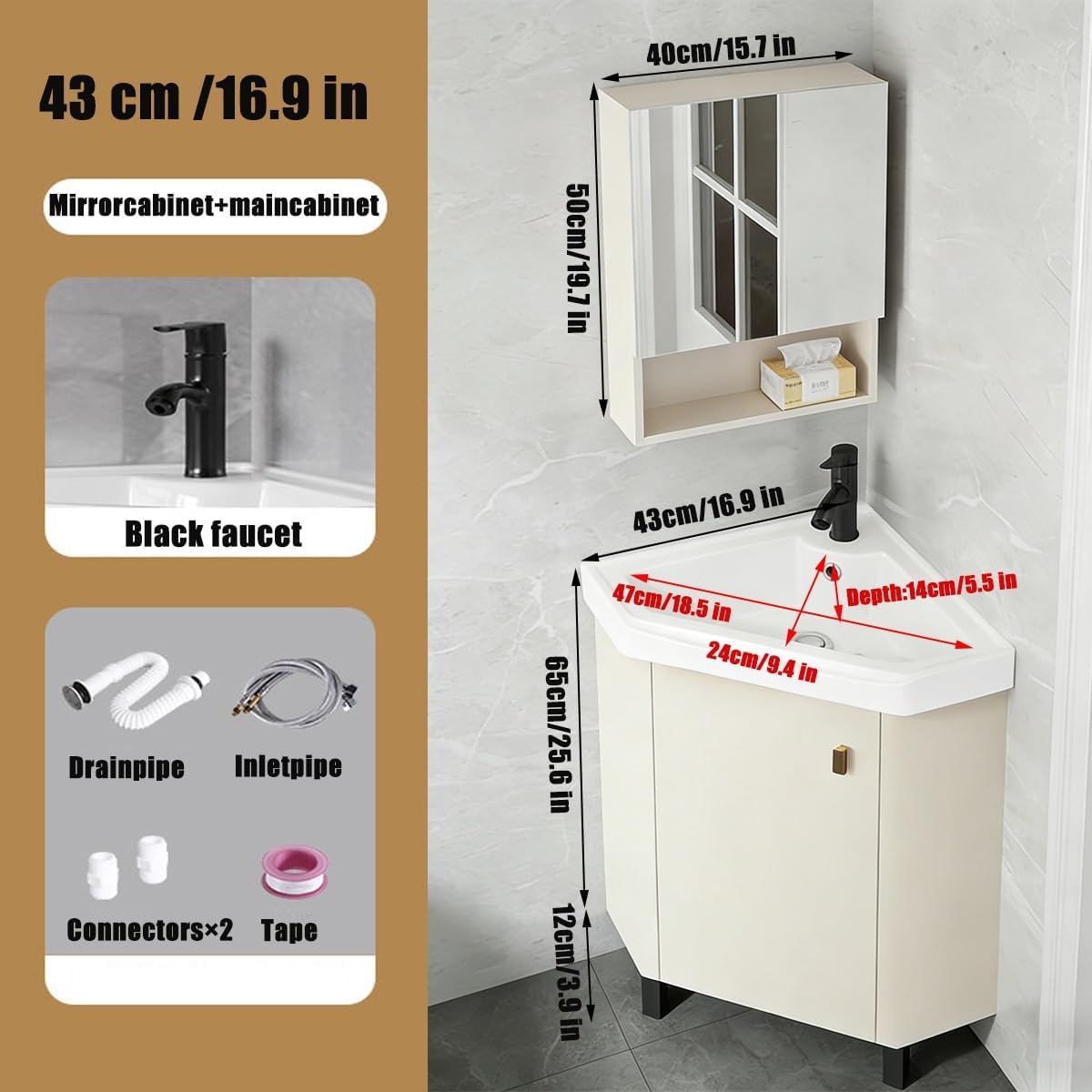 Corner Bathroom Vanity Sink for Small Space, Freestanding Compact Space Bathroom Storage Cabinet,Space-Saving, with White Ceramic Sink & Adjustable Shelf(43x43 cm(16.9x16.9 in))