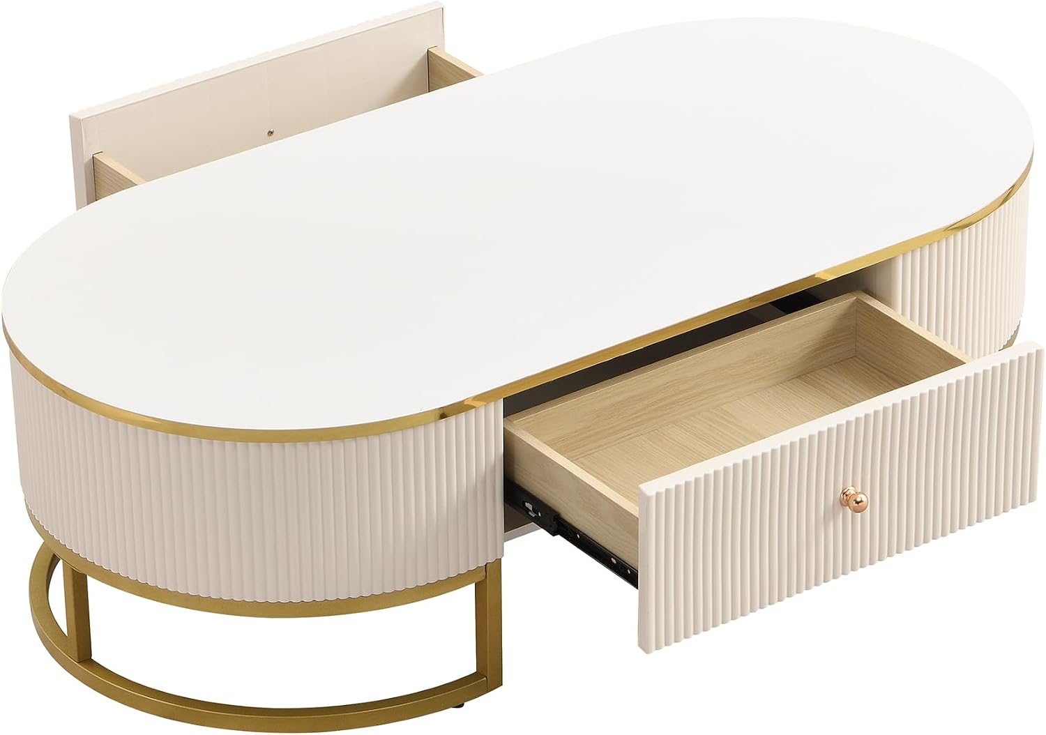 Modern Oval Coffee Table with Drawers,Curved Profile Design, Gold Metal Decor, Center Table for Living Room in 47.2'