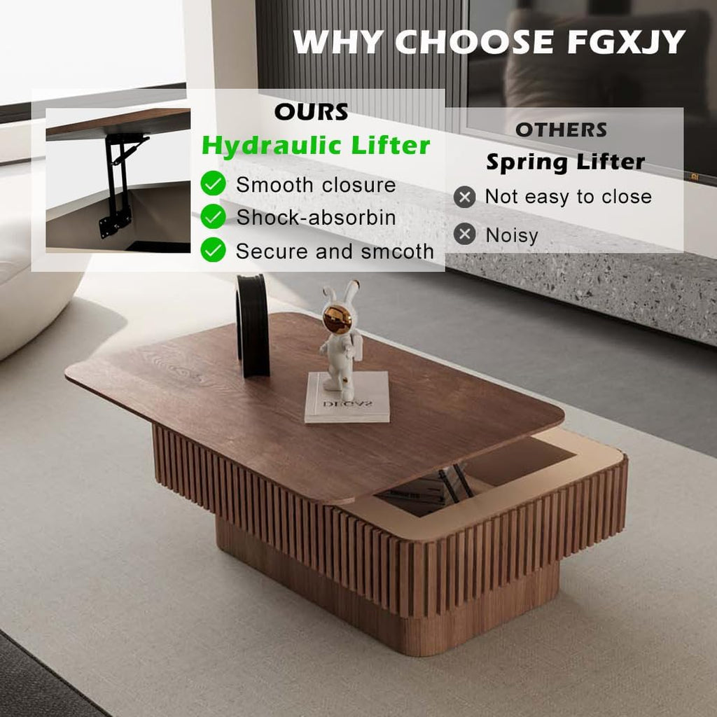 Lift Coffee Table with Storage & Adjustable Height, Solid Wood Coffee Table Fluted Center Table Accent Tea Table or Living Room, Apartment, Office (38.6' Walnut)