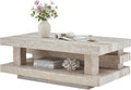 LKTART 43.3' Coffee Table, 2-Tier Stone Travertine Pattern Center Table with Open Storage, Mid Century Rectangular Wood Tea Table for Living Room, Bedroom, Office