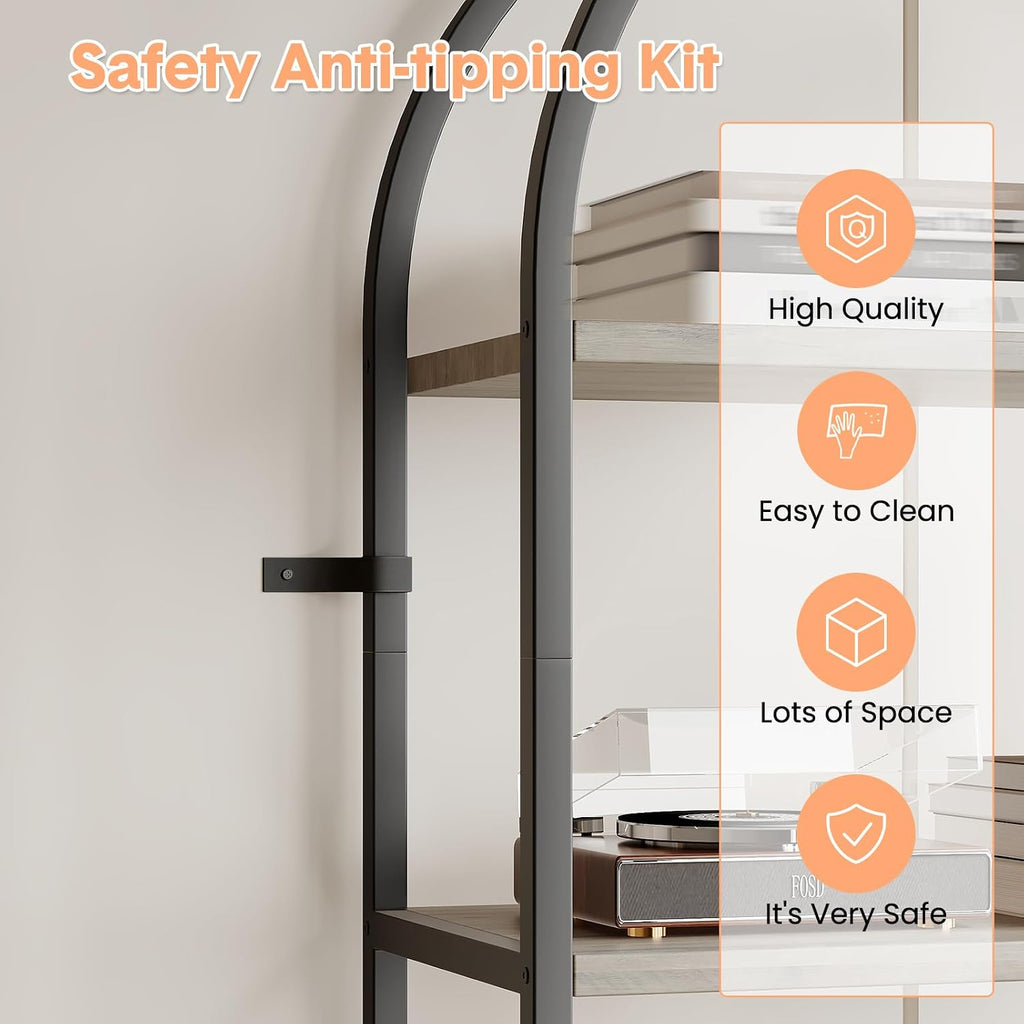 Takywep Bookshelf, Arched Bookcase with Metal Frame 5 Tiers Bookshelf Industrial Arched Cabinet Display Shelf Floorstanding Storage Shelving Unit for Bedroom, Living Room and Home Office, Gray