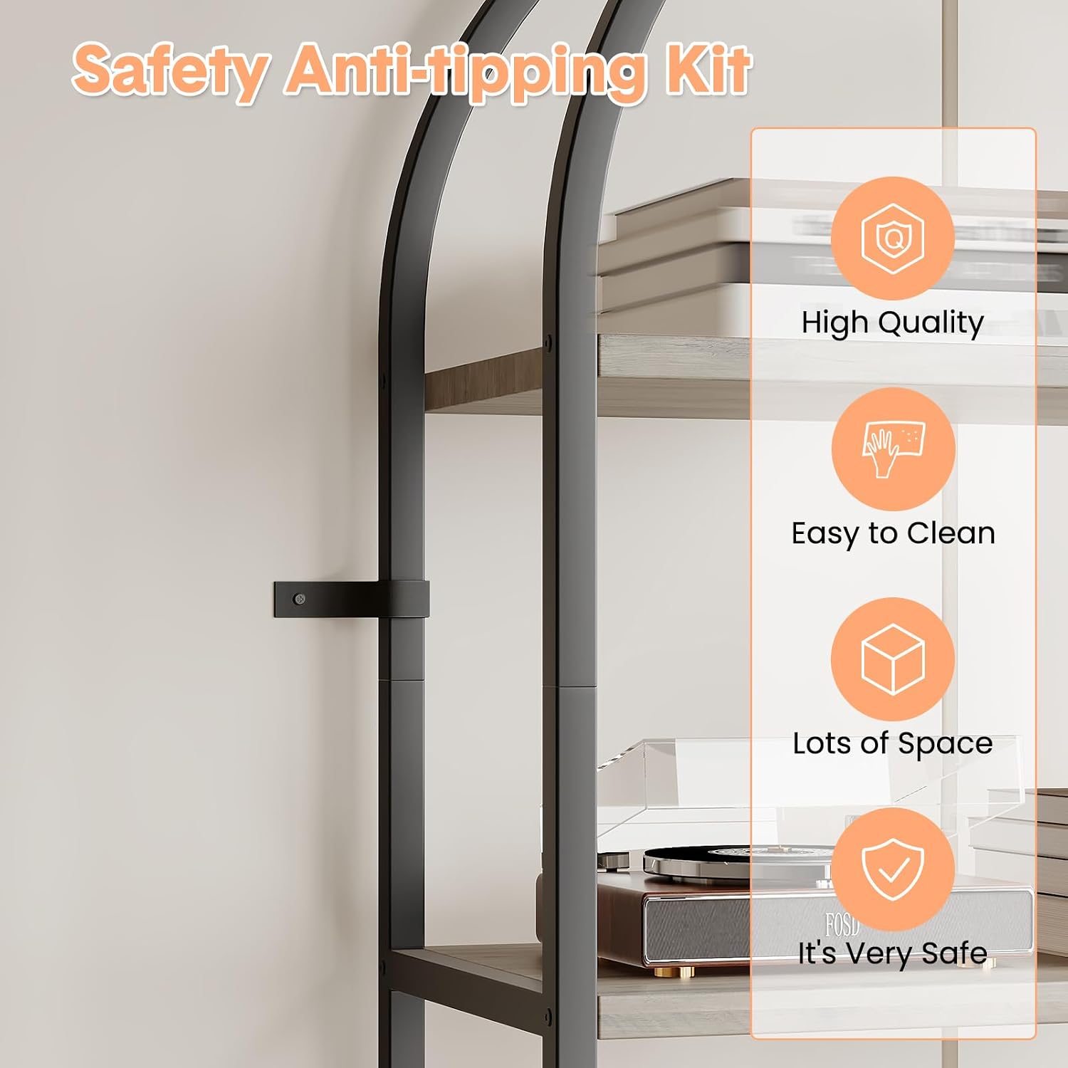 Takywep Bookshelf, Arched Bookcase with Metal Frame 5 Tiers Bookshelf Industrial Arched Cabinet Display Shelf Floorstanding Storage Shelving Unit for Bedroom, Living Room and Home Office, Gray