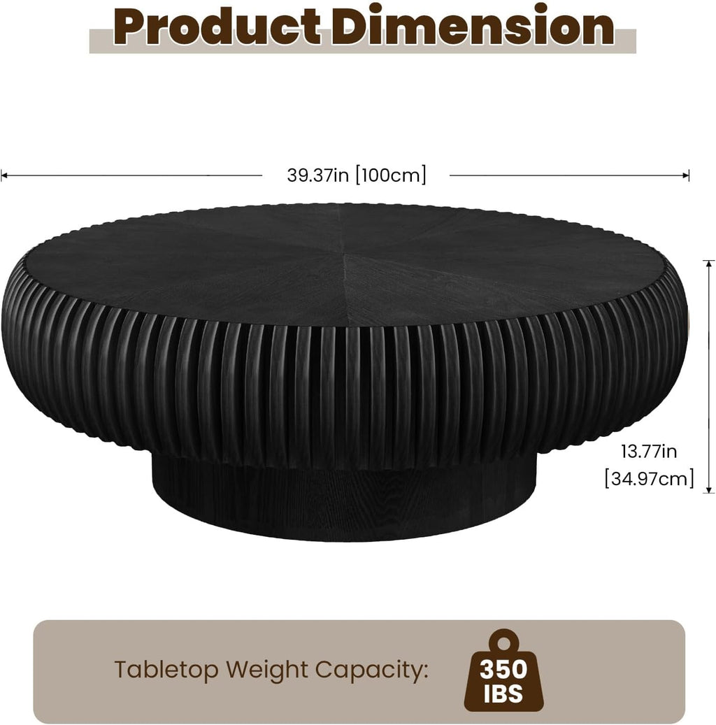 39.3' Drum Coffee Table Modern Unique Fluted Tea Table Contemporary Wood Round Coffee Table with Fluted Centry Table for Living Room Walnut (39.3' Black)