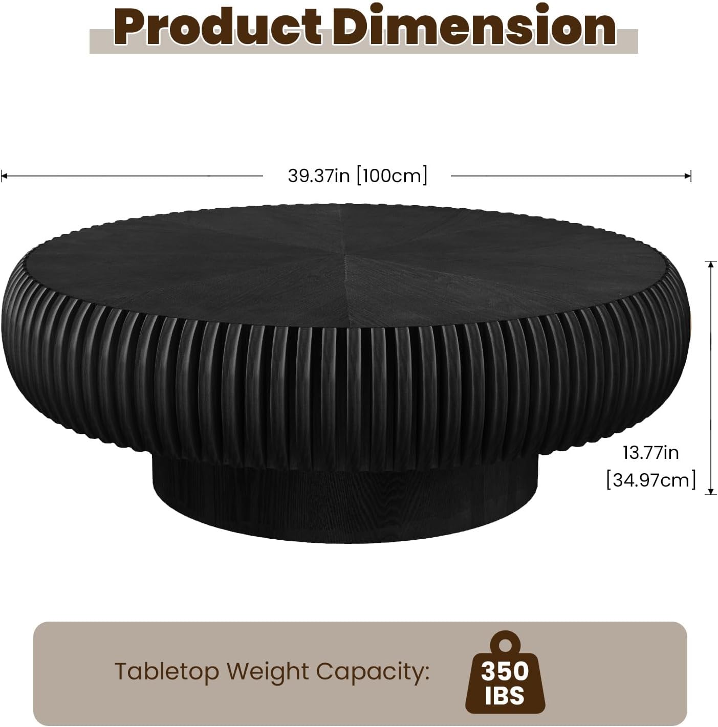 39.3' Drum Coffee Table Modern Unique Fluted Tea Table Contemporary Wood Round Coffee Table with Fluted Centry Table for Living Room Walnut (39.3' Black)