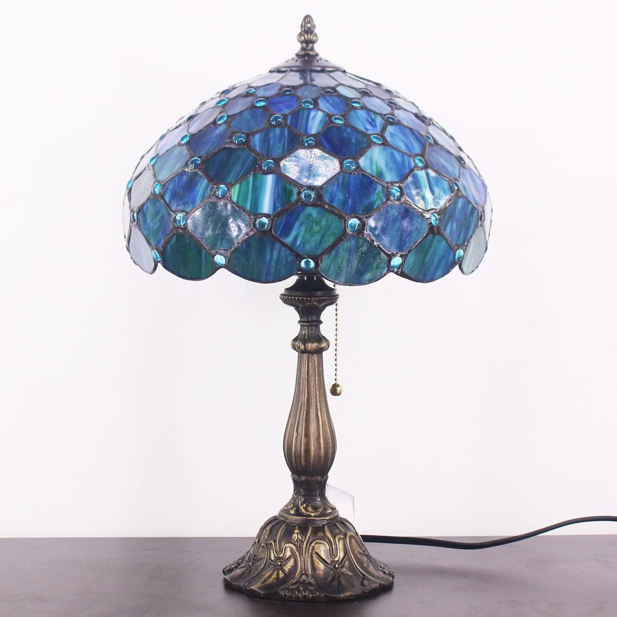 Tiffany Table Lamp Stained Glass Lamp 12X12X19 Inch Antique Reading Light (Sea Blue Pear)