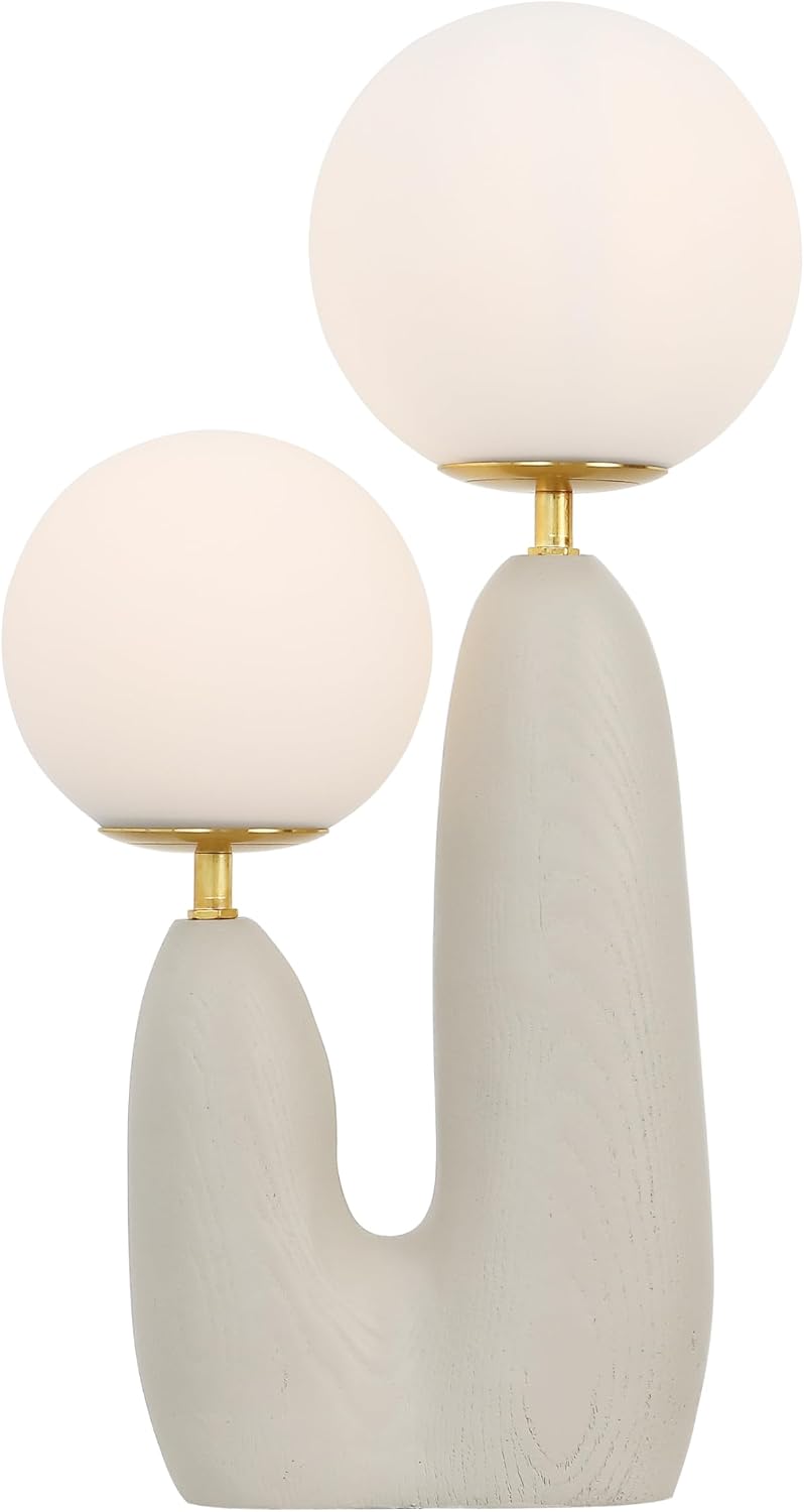 JONATHAN Y 17.75' Almond/Brass Gold Modern Bohemian Danish Cactus LED Table Lamp, 2-Light Mid-Century Minimalist Desk Light for Bedroom Living Room, Frosted Glass Globe Shades (JYL4065C)