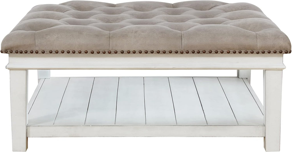 Signature Design by Ashley Kanwyn French Country Upholstered Square Ottoman Coffee Table, Whitewash