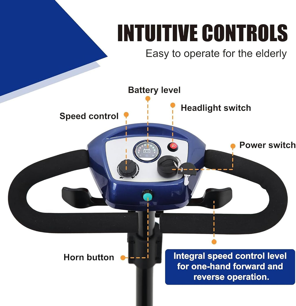 Mobility Scooters for Seniors & Adults 400 Lb Weight All Terrain,Portable 4 Wheel Powered Scooter,Lightweight Foldable Disability Electric Wheelchair,Front and Rear Led Lights,15 Miles,Blue