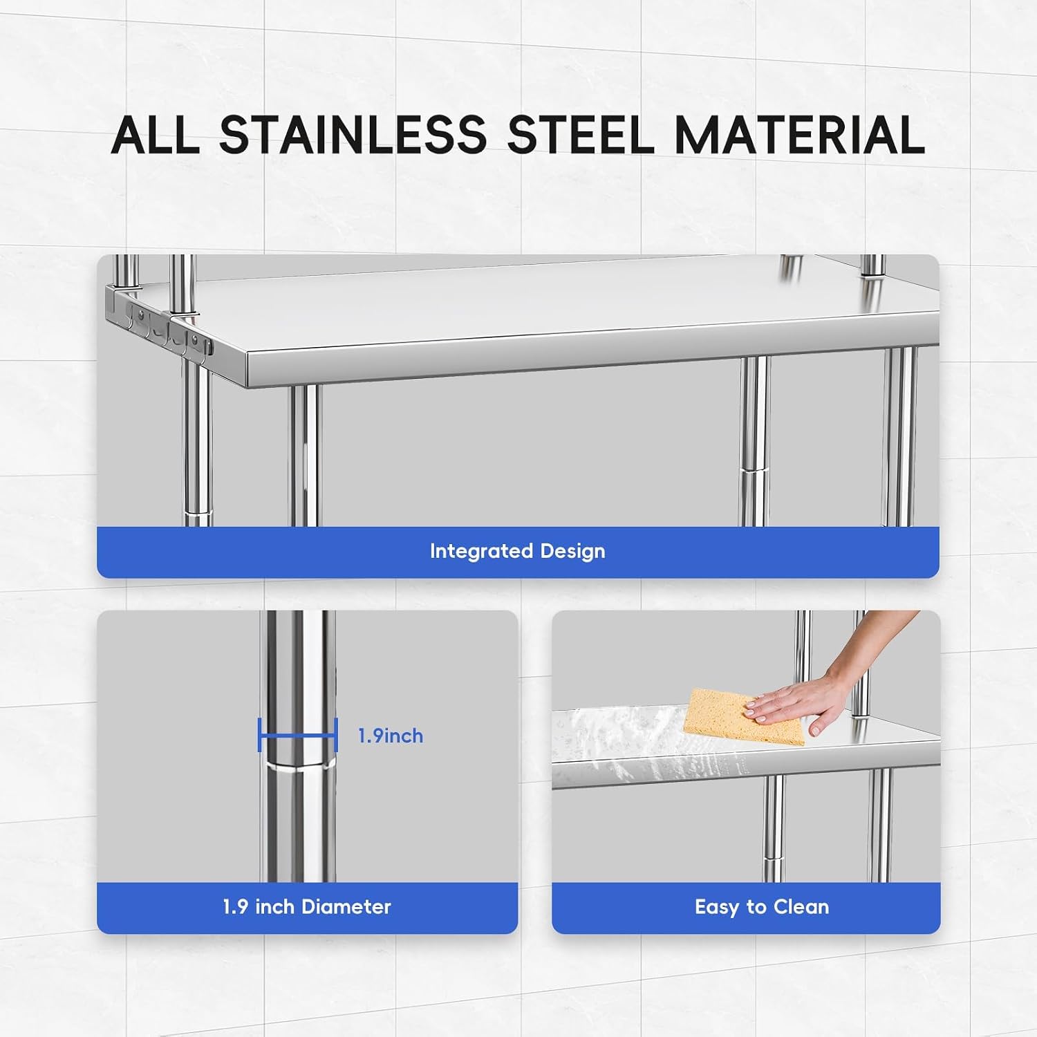 Garvee 48x24 in NSF Stainless Steel Prep Table with Adjustable Overshelves & Hooks – Commercial Kitchen Island for Restaurant, Home & Hotel, Heavy-Duty Workbench with Rust-Resistant Coating